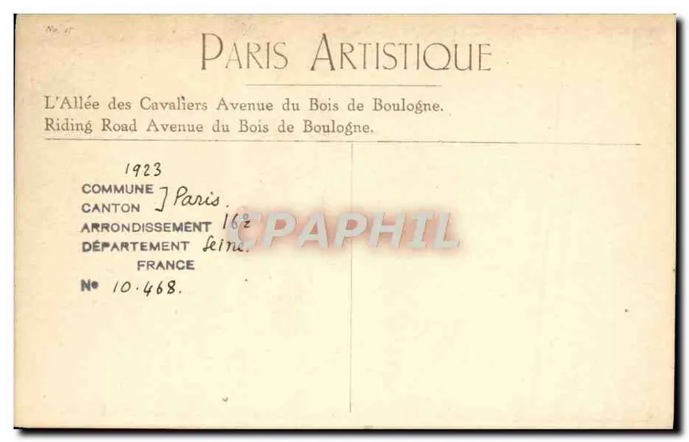 Die Avenue der Ritter — Avenue du Bois de Boulogne — Paris Artistique, n° 10.468 - Rückseite