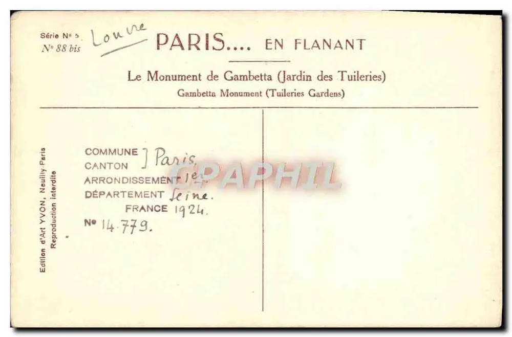 Monumento de Gambetta — Jardim das Tuileries — Edição de Arte YVON, N°88 bis - Verso