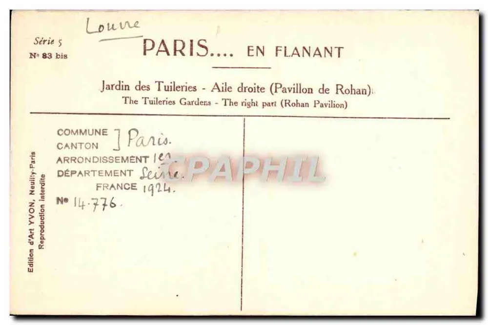 Jardin des Tuileries — Rechte Flügel (Pavillon de Rohan) — Édition d'Art YVON, Neully-sur-Marne - Rückseite