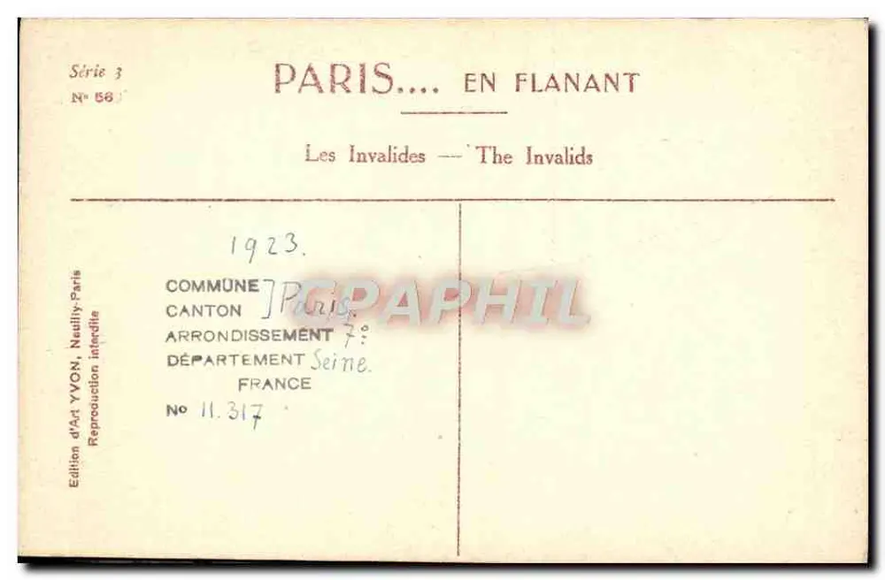 Les Invalides — Paris — Édition d'Art YVON - Verso