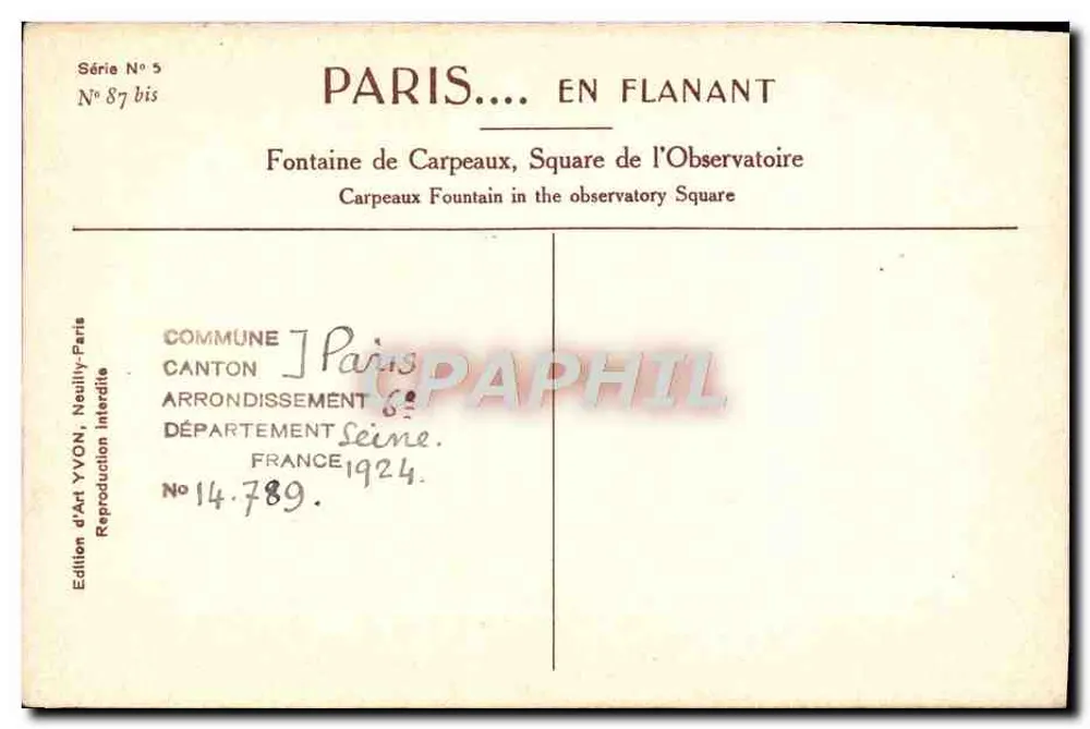 Fontaine de Carpeaux, Square de l'Observatoire — Paris — Édition d'Art YVON, N°87 bis - Rückseite