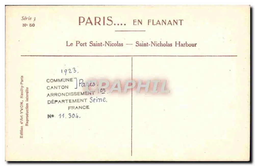 Paris — O Porto de Saint-Nicolas — Edição de Arte YVON, Série 3 N° 50 - Verso