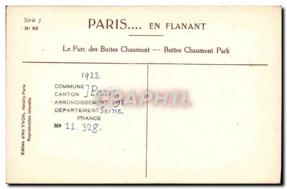 Parc des Buttes Chaumont — Vista do lago e do templo sobre rocha — Edição d'Art Yvon, Série 3, N° 62 - Verso