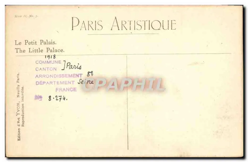 O Pequeno Palácio — Paris Artístico, Série II, No. 3 — Edição de Art YVON, Neuilly Paris - Verso