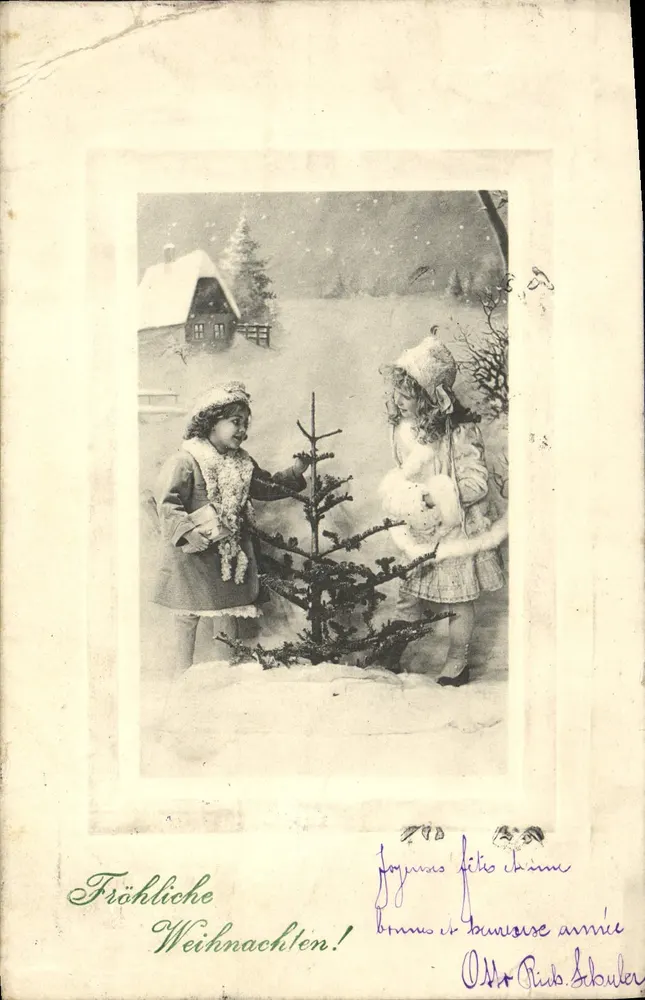 Deux enfants décorant un sapin de Noël — scène hivernale avec maison enneigée — éditeur non visible, n° de série 203 - Frente
