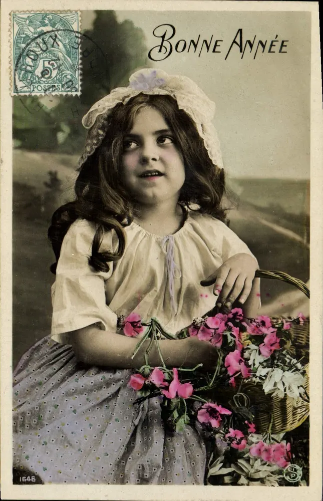 Menina com buquê — Boa Ano — editor P. P. n°1645 - Frente