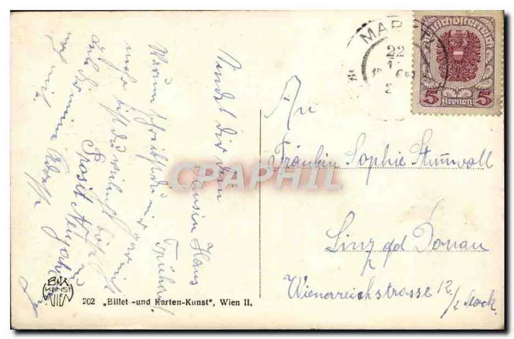 Bouquet de houx e de flores em um cesto — 'Herzliche Weihnachtsgrüsse' — Billet-und Karten-Kunst, Wien II, n°202 - Verso