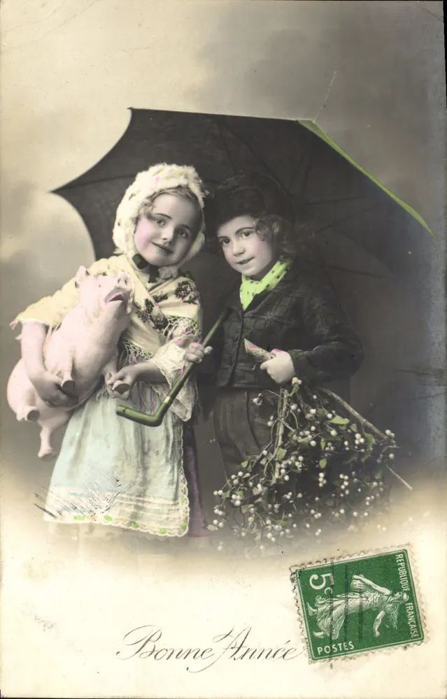 Dois crianças sob guarda-chuva — Boa Ano — Editor desconhecido, número de série não visível - Frente