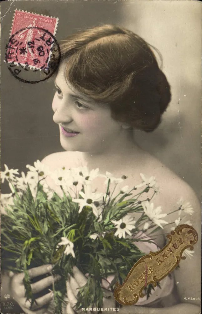 Frau mit einem Strauß Margeriten — Gute Jahre — H. Manuel, Paris - Vorderseite