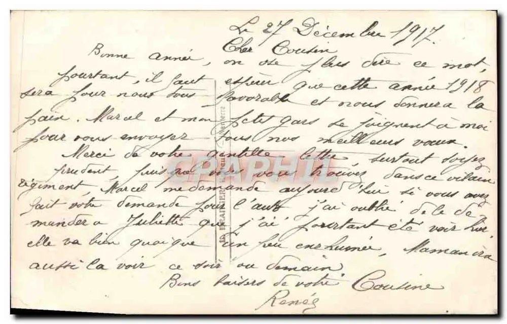 Flores de hortência e margaridas — Boa Ano — Frente e verso datado 24 de dezembro de 1917 - Verso
