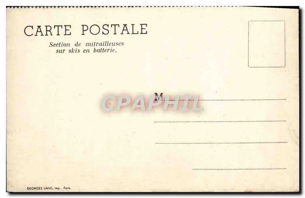 Maschinengewehr-Abteilung auf Skiern in Batterie — Georges Lang, Verlag Paris - Rückseite