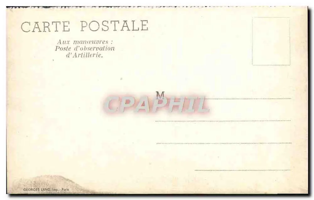 Soldados em posto de observação de artilharia — manobras — Georges Lang, Paris - Verso