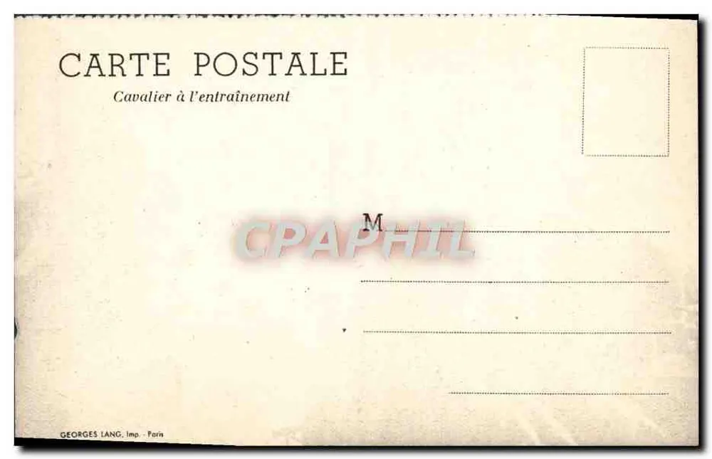 Cavalier à l'entraînement — saut d'obstacle — Georges Lang, imp. Paris - Verso