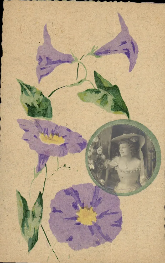 Convolvulus-Blüten — weibliches Portrait in einem Kreis — dekorative Ansichtskarte - Vorderseite