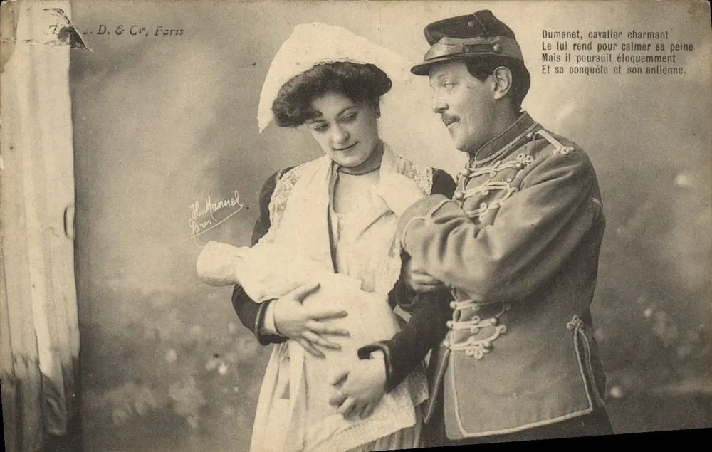 Ritter und Frau, die ein Baby halten — Dumanet, charmanter Ritter — T. D. & Cie, Paris - Vorderseite