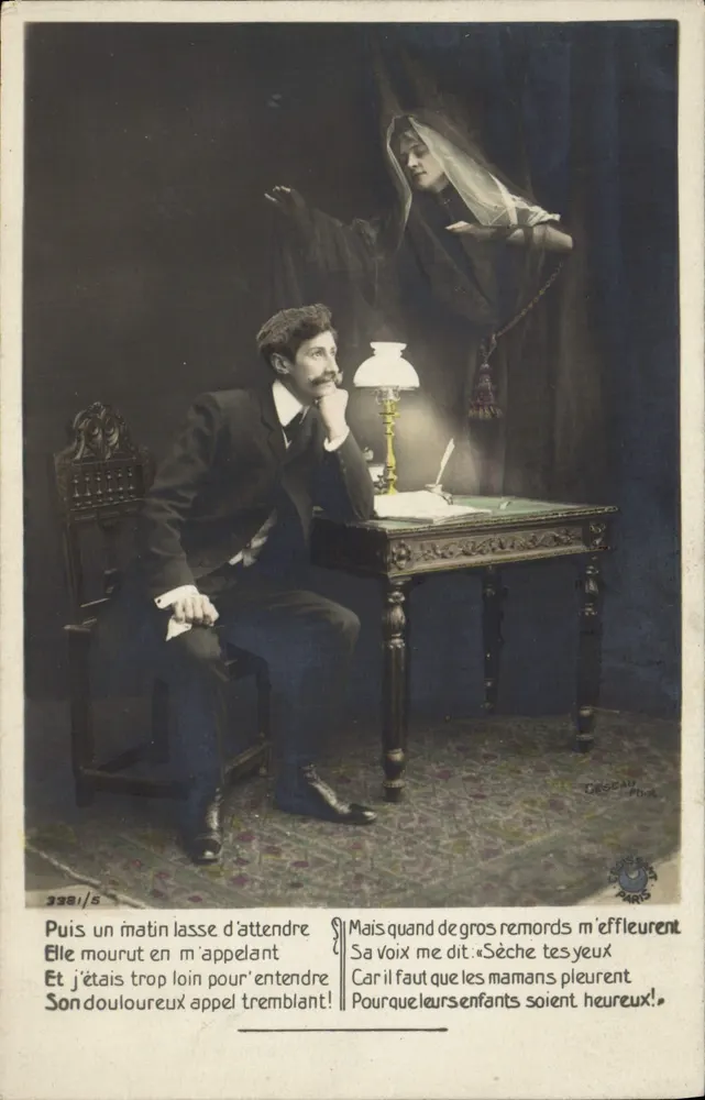 Mann, der an einem Tisch sitzt, mit einer Frau im Schleier — Gedicht — DESCAN Phot. Paris, n° 3381/5 - Vorderseite