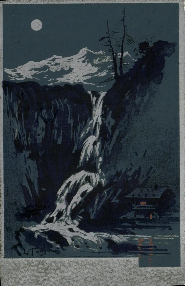 Cachoeira noturna — montanha nevada — L. Tissot - Frente