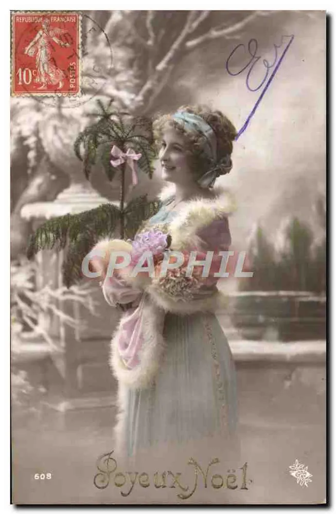 Jovem mulher segurando um pinheiro de Natal — Feliz Natal — editor anônimo, n° 608 - Frente