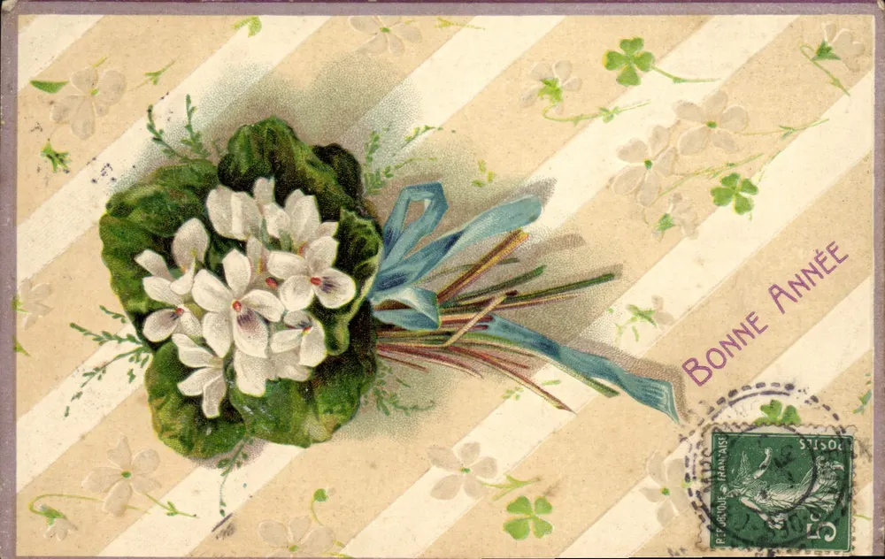 Bouquet de géraniums — carte de vœux avec texte imprimé 'BONNE ANNÉE' — éditeur R. JACQUOT & FRANÇAIS - Frente