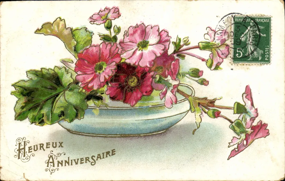 Bouquet de fleurs dans un bol — illustration colorée — éditeur G.B. (verso) et n° de série non visible - Frente