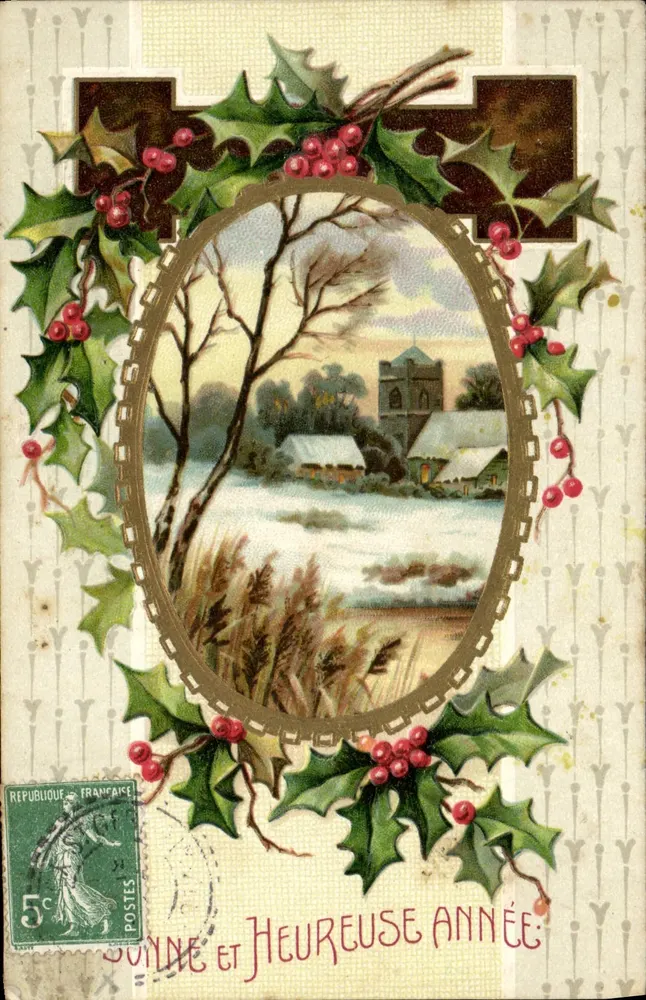 Winterliche schneebedeckte Ansicht — Tannenblattdekor — Verlag TRAILE & MARK, n° 1058 - Vorderseite