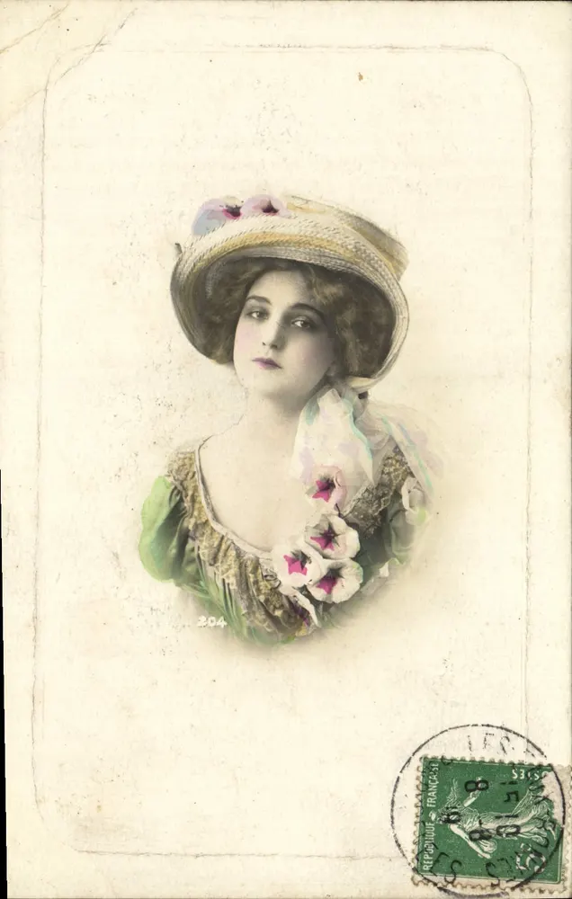 Junge Frau mit blumengeschmücktem Hut — Serie 304 — unbekannter Verlag - Vorderseite