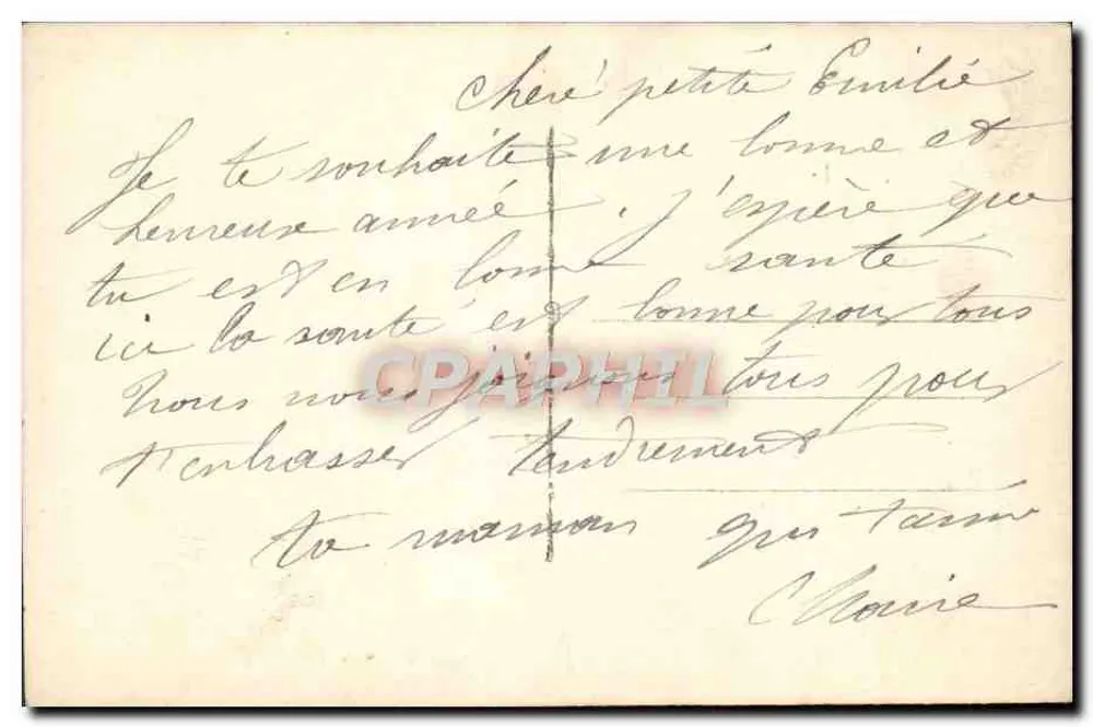 Mädchen mit Blumenstrauß — verschneiter Dorf — Frohe Neujahr — unbekannter Verlag - Rückseite