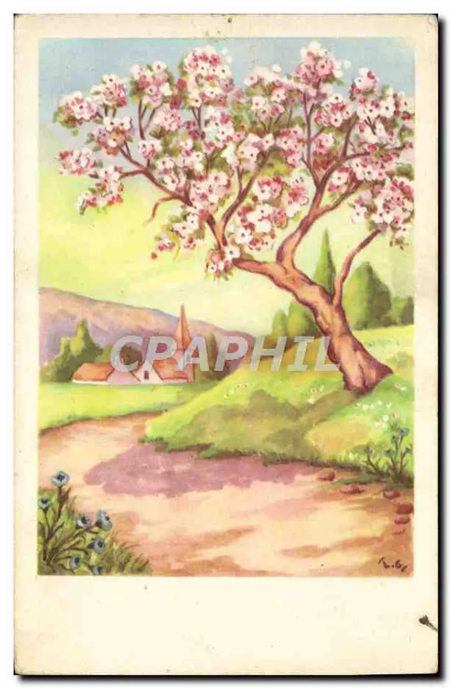 फूलों वाला पेड़ — ग्रामीण दृश्य एक चर्च के साथ — ड्राइंग साइन करे 'ए. जी.' - आगे