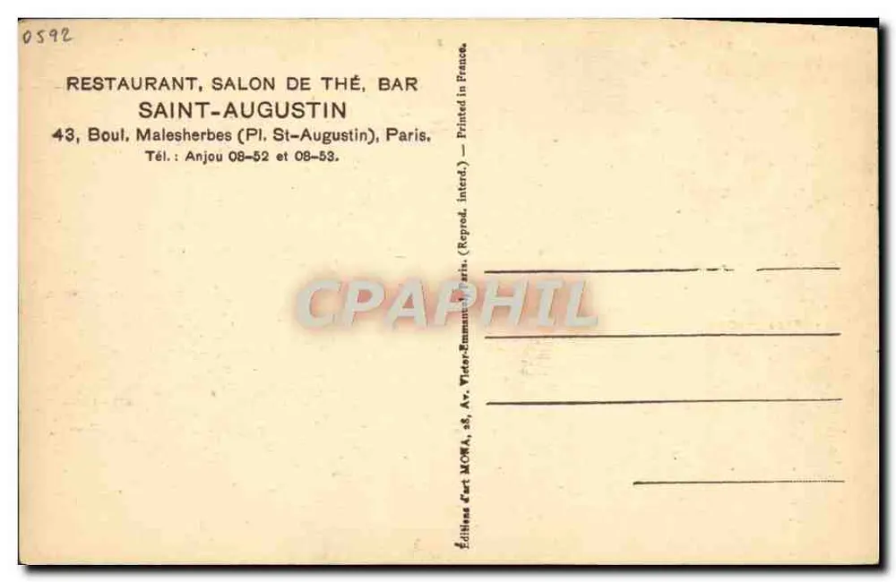 Salon de Thé Saint-Augustin — Restaurant und Bar — Verlag Éditions d'Art MOKA, 28, Avenue Victor-Hugo, Paris - Rückseite