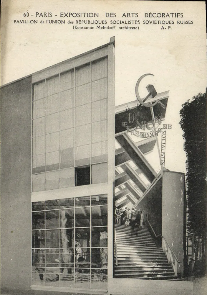 Paris - Ausstellung der dekorativen Künste - Pavillon der Vereinigung der sozialistischen Republiken Russlands — Konstantin Melnikoff, Architekt — A.P. - Vorderseite