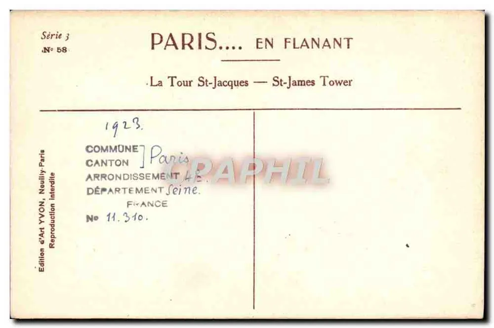 La Torre de San Jacobo — Torre St-Jacques — Edición de Arte YVON, Serie 3, N° 58 - Reverso