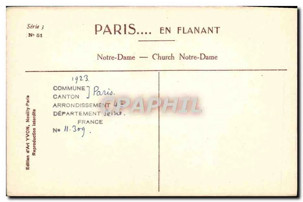 Notre-Dame de Paris — Paris... en Flanant — Edição de Arte YVON, série 3 n°51 - Verso
