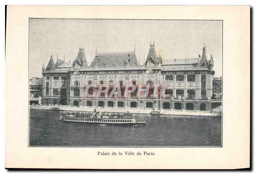 Palais de la Ville de Paris — vue du bâtiment sur la Seine avec un bateau à passagers — éditeur non identifié - Frente