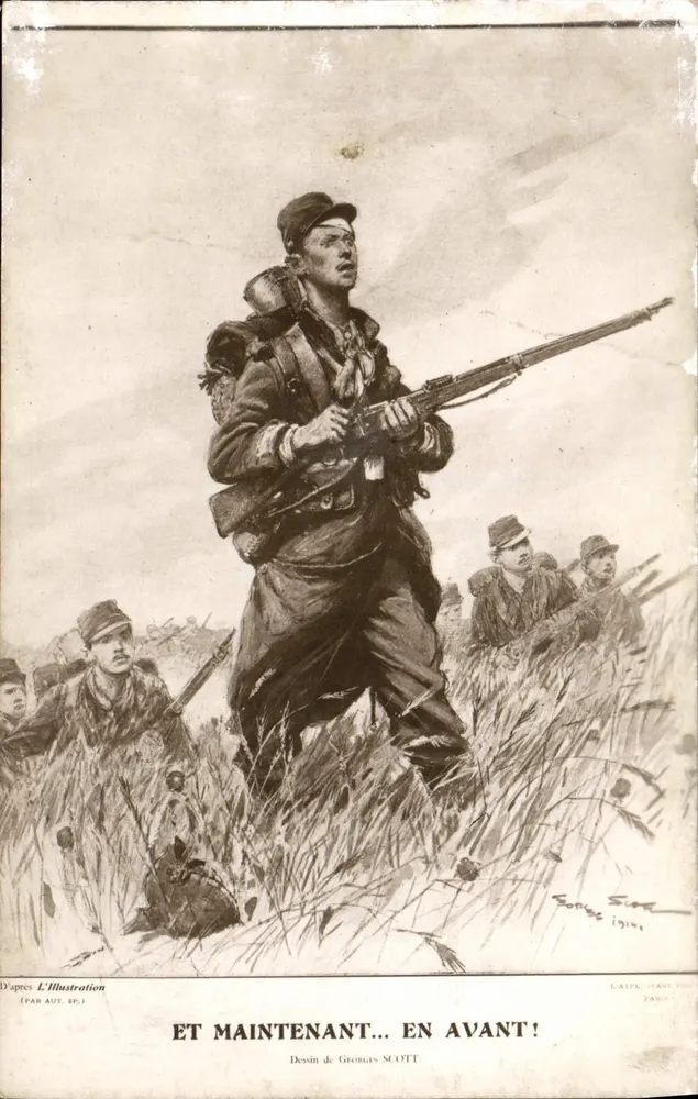Soldaten im Marsch — Militärisches Motiv — Zeichnung von Georges Scott, 1914, Verlag CATEL JEANT - Vorderseite