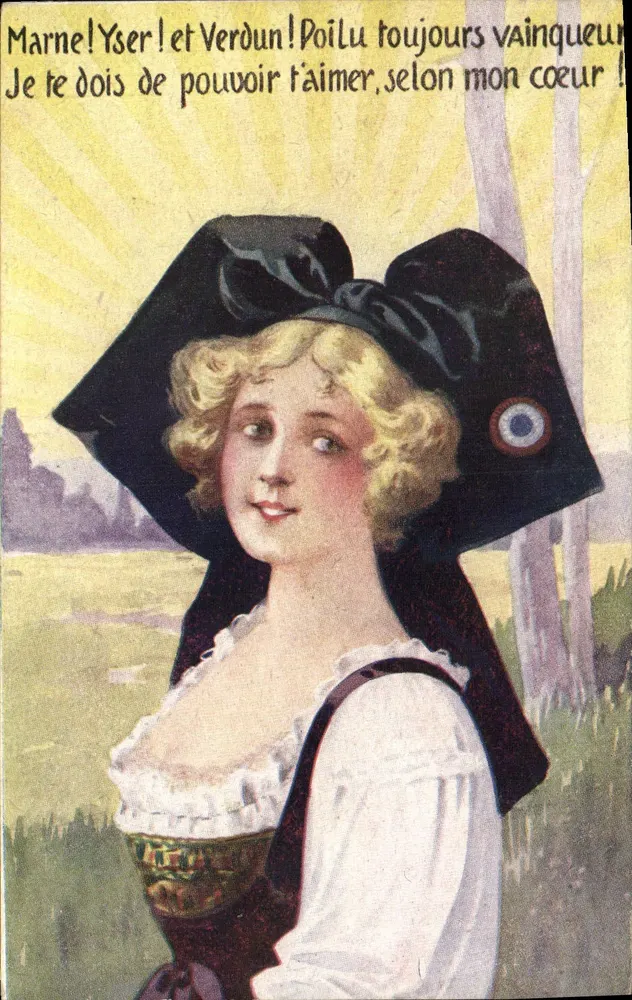 Mulher com chapéu preto — Marne! Yser! e Verdun! — Edição dos Três Cordeliers, Paris - Frente