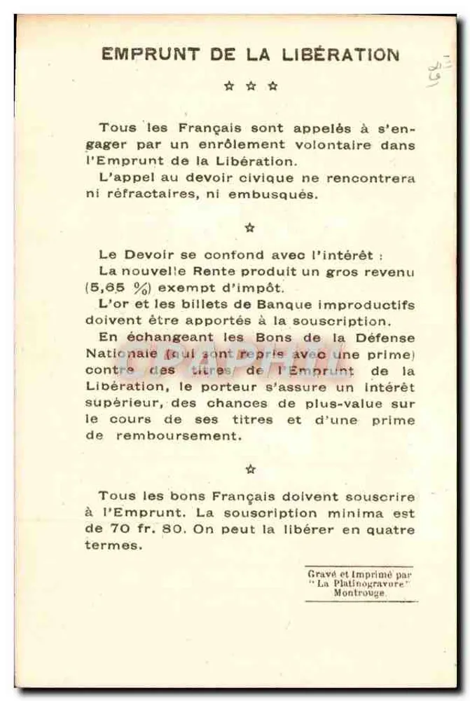 General Pétain — Kommandant der französischen Armee im Norden und Nordosten — Emprunt de la Libération 1918 - Rückseite