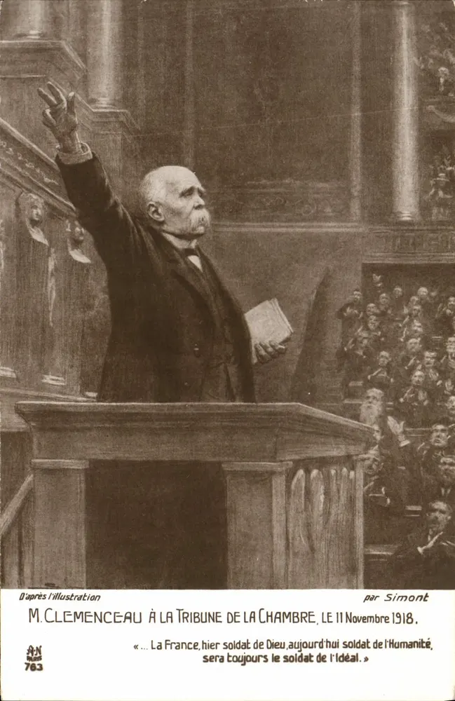 Herr Clemenceau am Rednerpult der Kammer — Rede vom 11. November 1918 — von Simont, nach L'Illustration, Nr. 763 - Vorderseite