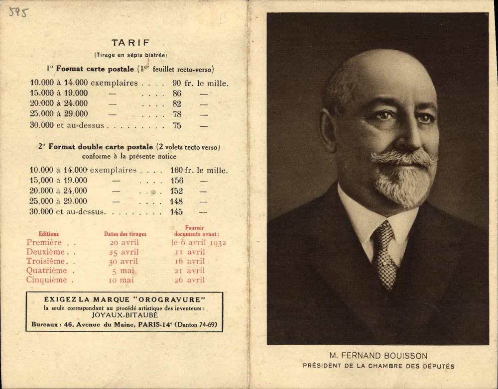 Fernand Bouisson, Präsident des Hauses der Abgeordneten — Ansichtskarte-Beispiel « Orogravure » Joyaux-Bitaubé — Parlamentswahlen 1932 - Vorderseite
