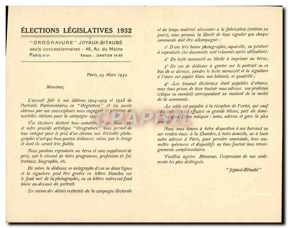 Fernand Bouisson, Präsident des Hauses der Abgeordneten — Ansichtskarte-Beispiel « Orogravure » Joyaux-Bitaubé — Parlamentswahlen 1932 - Rückseite