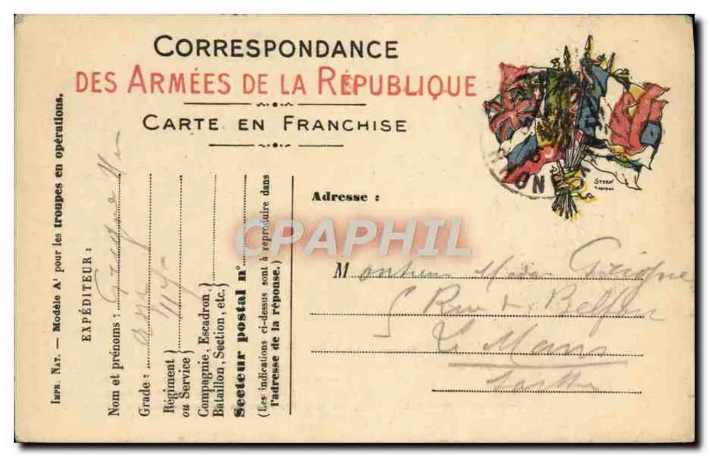 Corrispondenza delle Armate della Repubblica — Carta in franchigia — Modello A' — Editore: STEAM, Toulouse - Recto
