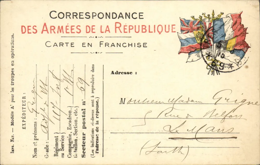 Correspondência das Forças da República — Carta em franquia — Modelo A — Setor postal n° 69 — Steen Graven - Frente