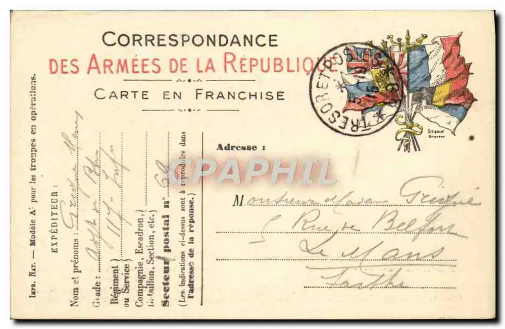 Correspondência das Forças da República — Carta em franquia — Tesouraria - Frente