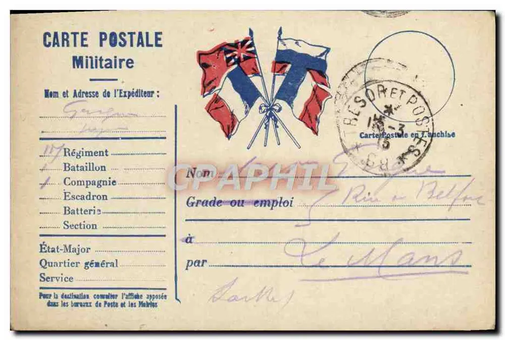 Tarjeta postal militar — Francia — editor no visible - Anverso