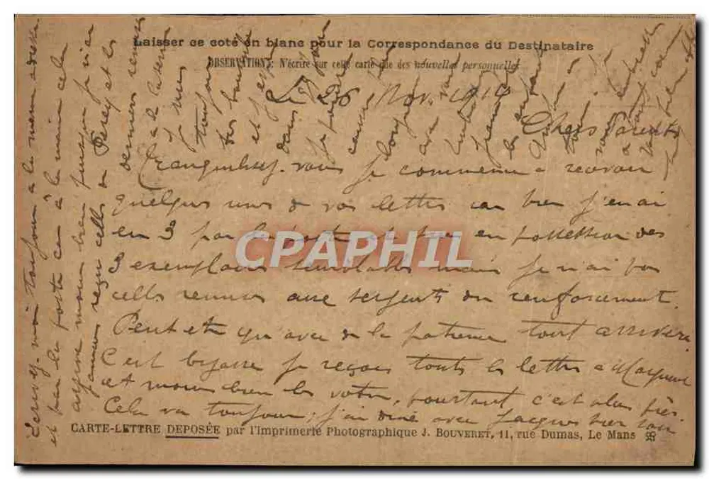 Correspondência para as Forças Aliadas — 1914 — Franquia Militar — Le Mans - Verso