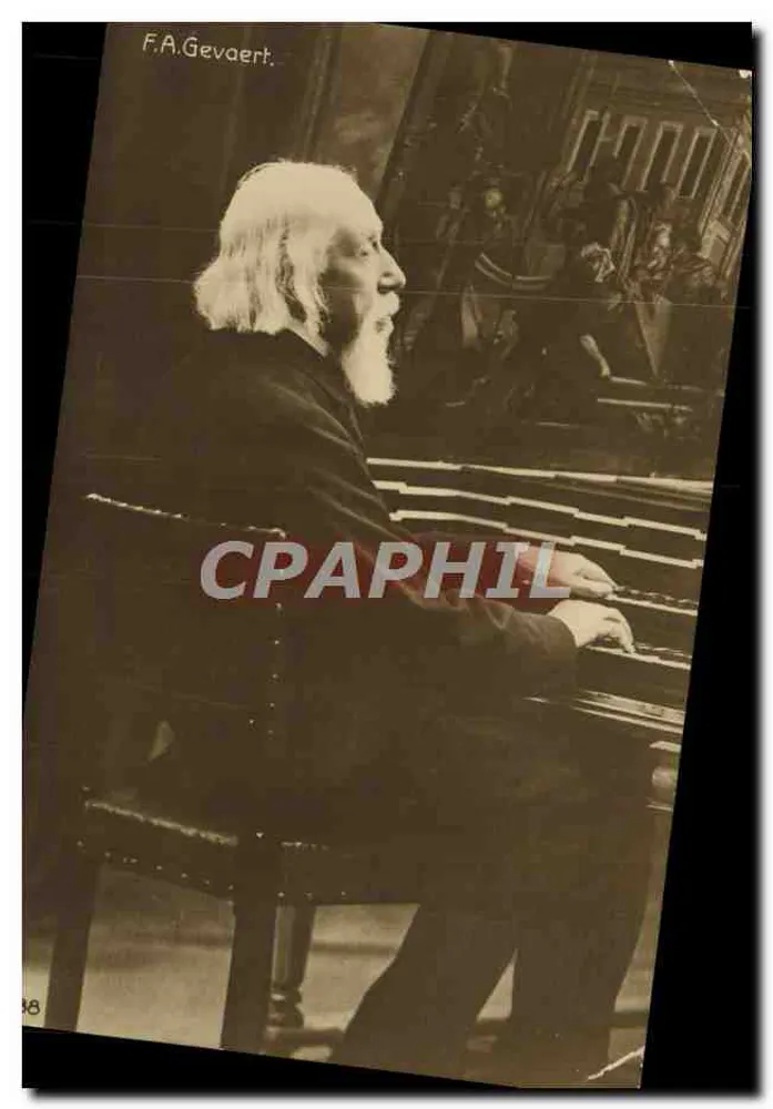 F.A. Gevaert — portrait en profil jouant du piano — éditeur F.A. Gevaert - Awers