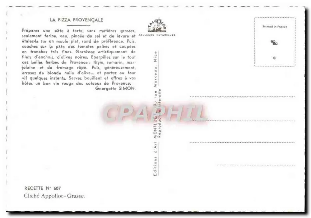 A Pizza Provençale — receita — Éditions d'Art Montluel, N° 607 - Verso