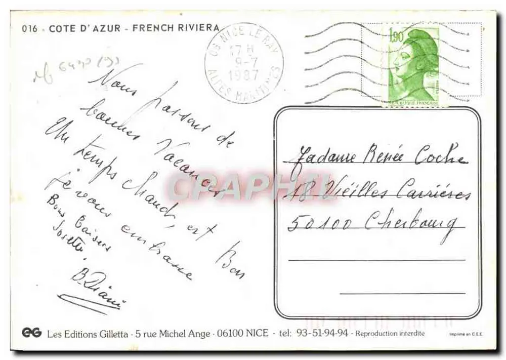 Riviera Côte d'Azur — Vista da costa com montanhas nevadas — Les Editions Gilletta, n°016 - Verso