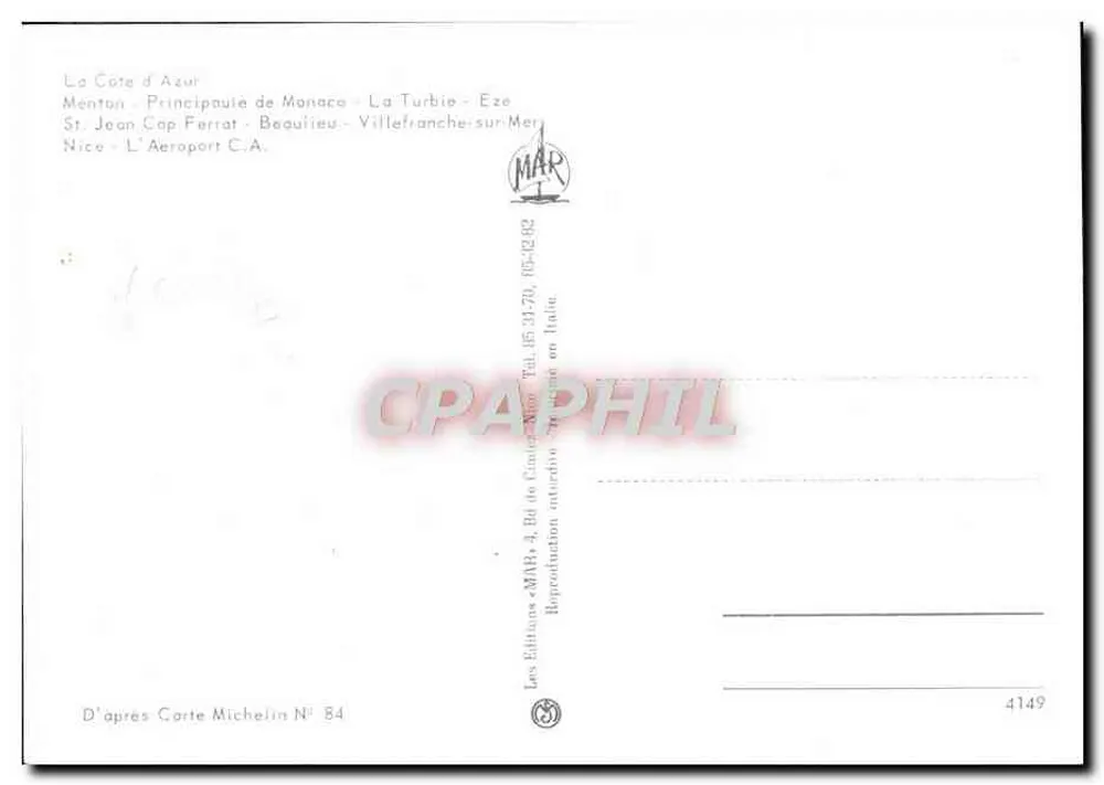 Costa Azul — Menton, Principado de Mônaco, La Turbie, Eze, São João Cap Ferrat, Beaulieu-sur-Mer, Villefranche-sur-Mer, Nice, O Aeroporto C.A. — Editor Michelin, N° 4149 - Verso