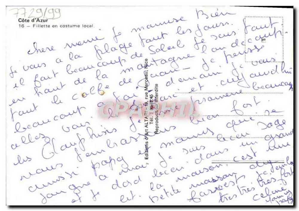 Côte d'Azur — Mädchen im traditionellen Kleid — Editions d'Art ALTARI - Rückseite