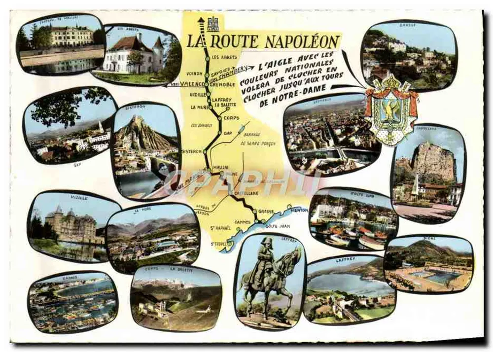 A Rota Napoleônica — carta postal ilustrada com vistas de locais ao longo do percurso — editor Combiér, n° 006 - Frente